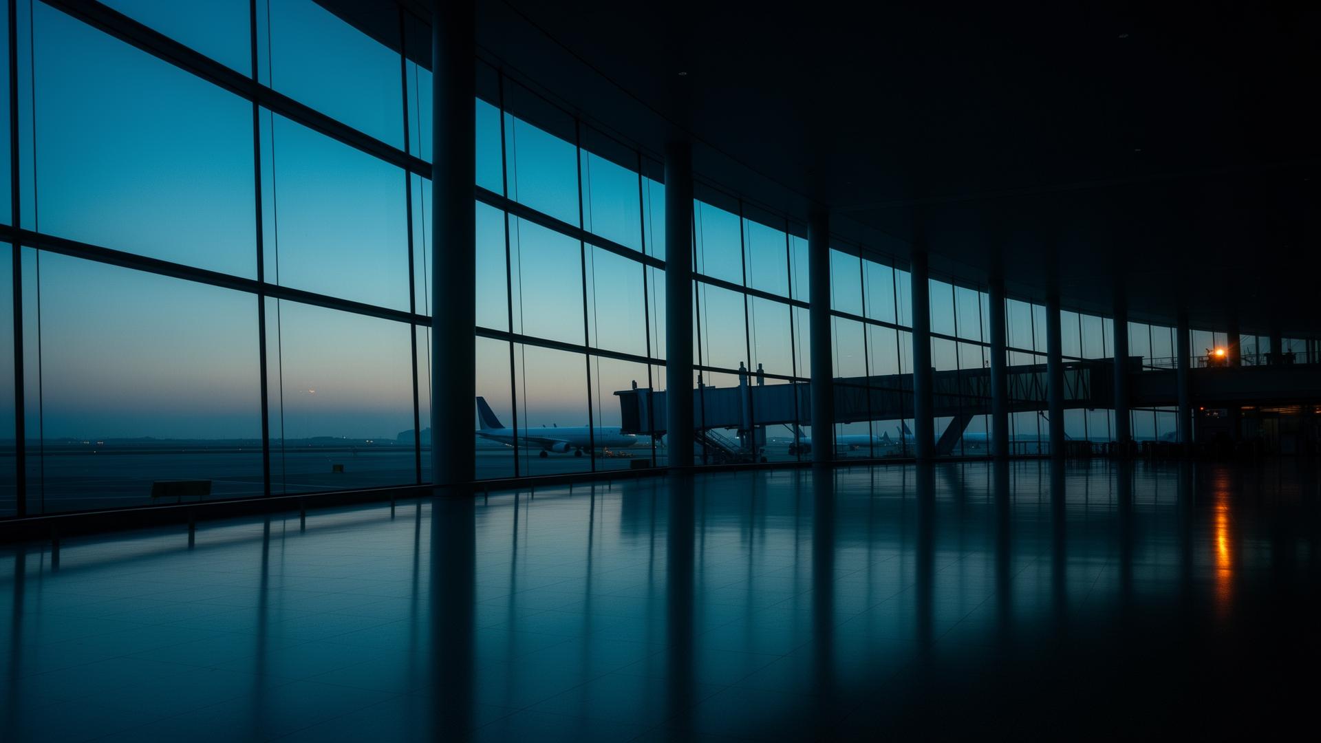 Vast modern airport terminal at predawn, jet bridge in the distance
